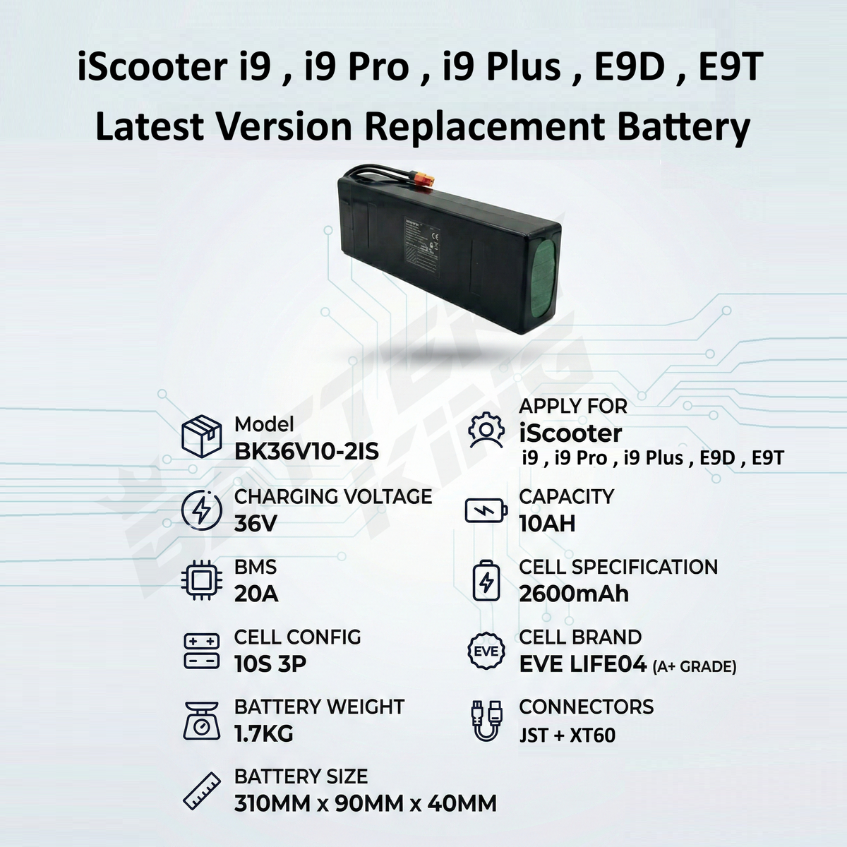 iScooter i9 i9Pro i9Plus E9D E9T Battery